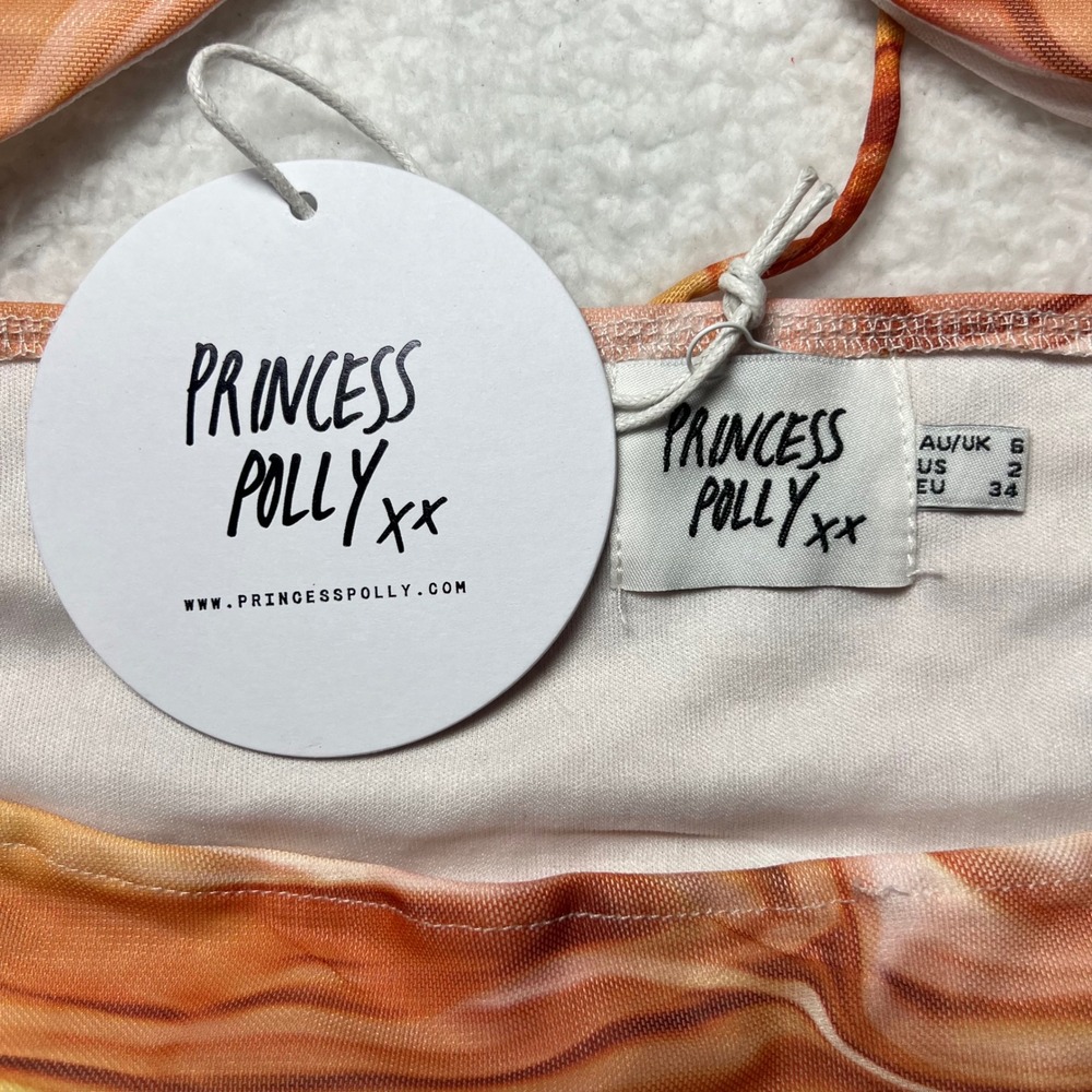 Princess Polly NWT Marble‎ Mesh Ruched Halter Mini Dress Cutout Orange Womens 2 - Picture 5 of 7
